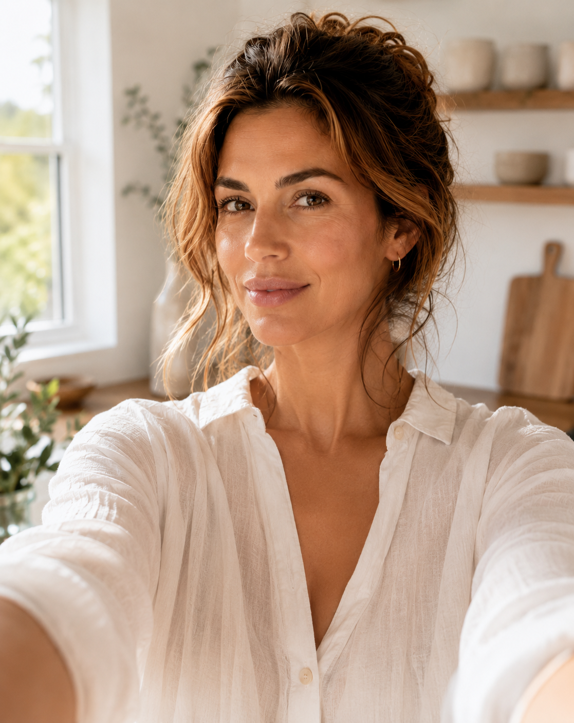 AFTER (weeks later): same woman, same lighting and angle, a natural healthy radiance — subtle, believable, not bronzed.