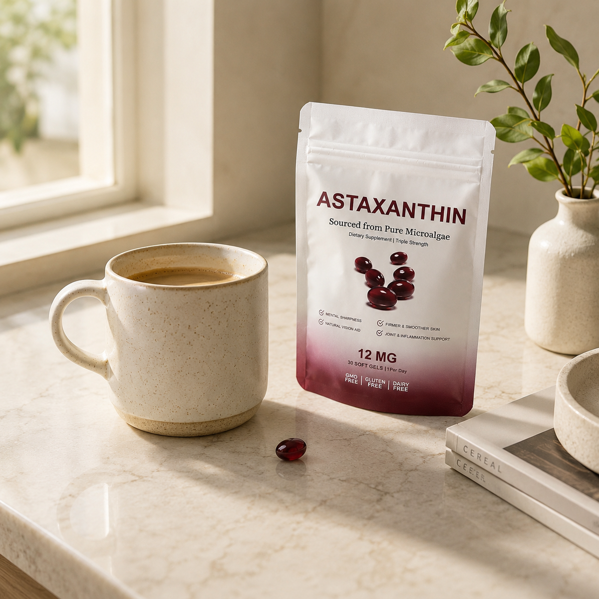 Bonafita astaxanthin softgel bottle on a warm cream surface beside a single deep-red capsule, soft daylight, calm premium styling.