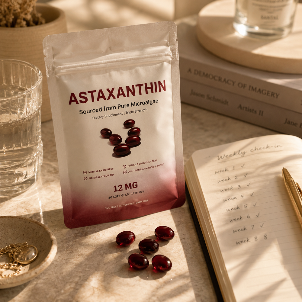 Bonafita astaxanthin softgel bottle, clean front-on hero on cream, with one deep-red capsule beside it.